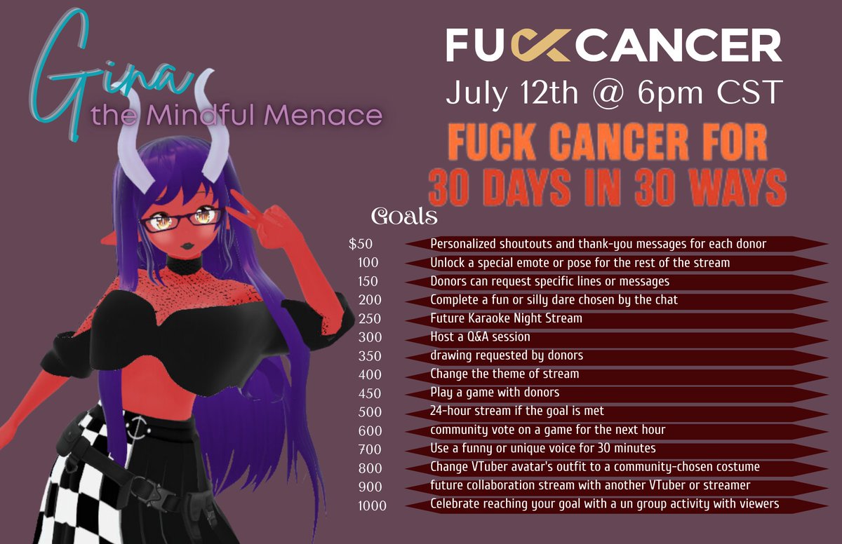 GinaMindful's tweet photo. Join me on July 12th for my "Pixels for Hope: Cancer Fight" charity stream! Let's raise $1000 for @fcancernow. Enjoy fun challenges, exclusive VTuber content, and more. Every dollar counts! 💖 #FuckCancer #VTuberCharity https://t.co/0F88sGtvZh