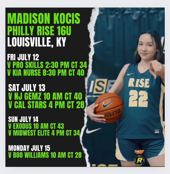 Madison Kocis (@madison_kocis) on Twitter photo Here is my updated schedule for eybl session III in Louisville‼️
(court numbers changed)
<a href="/philly_rise/">Philly Rise</a> <a href="/SJVLadyLancers/">SJV Lady Lancers Basketball</a> <a href="/klhoops/">Kevin Lynch</a> <a href="/sjvcoach/">Dawn Karpell</a> Here is my updated schedule for eybl session III in Louisville‼️
(court numbers changed)
<a href="/philly_rise/">Philly Rise</a> <a href="/SJVLadyLancers/">SJV Lady Lancers Basketball</a> <a href="/klhoops/">Kevin Lynch</a> <a href="/sjvcoach/">Dawn Karpell</a>