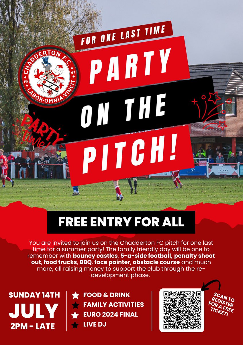 🎈This SUNDAY 14th July🎈

🎉Party on the Pitch 🎉 

Family Fun with DJ, BBQ, 🇬🇷 Greek Gyro Stand, Bouncy Castles Obstacle Course, 5 a side, Penalty Shootout Comp, Speed Shot &amp; Much More! 

Plus Euros Final on in the club afterwards at 8pm! 

EVERYONE WELCOME 🤗 2pm onwards