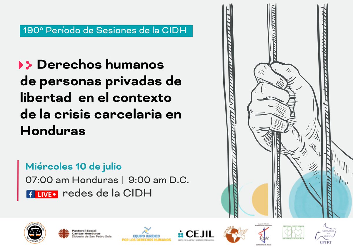EJDH (@ejdh_honduras) on Twitter photo La Mesa de Seguimiento a la Implementación de Resoluciones y Sentencias del SIDH les invita al #190PeríodoCIDH, a la audiencia ante la <a href="/CIDH/">CIDH - IACHR</a> "DDHH de personas privadas de libertad en el contexto de la crisis carcelaria en Honduras"
🗓️9 de julio 7:00 am Hn
📽️#Vivo en redes #CIDH La Mesa de Seguimiento a la Implementación de Resoluciones y Sentencias del SIDH les invita al #190PeríodoCIDH, a la audiencia ante la <a href="/CIDH/">CIDH - IACHR</a> "DDHH de personas privadas de libertad en el contexto de la crisis carcelaria en Honduras"
🗓️9 de julio 7:00 am Hn
📽️#Vivo en redes #CIDH