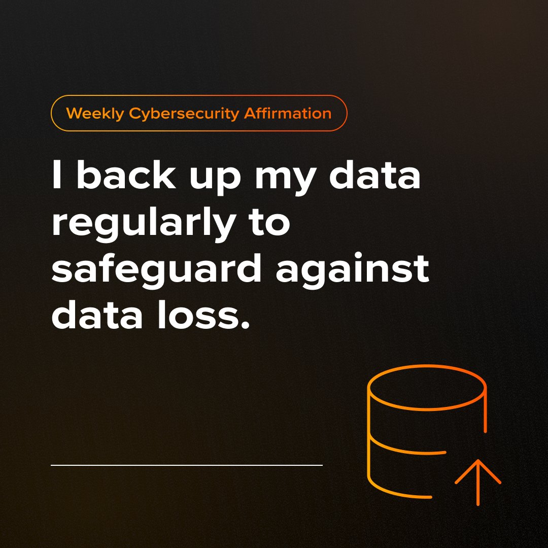 This weeks cybersecurity affirmation: "I backup my data regularly to safeguard against data loss."

Whether facing ransomware, hacking attempts, or hardware failures, having a secure backup ensures you won't lose important information.
#Cybersecurity #DataProtection