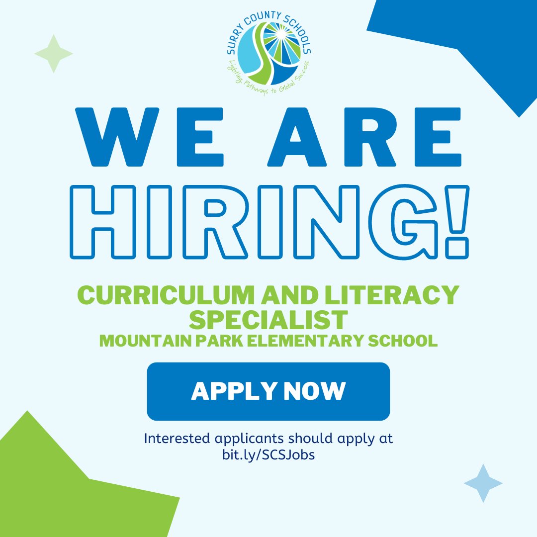 SurryCoSchools's tweet photo. #SCSNowHiring | Come join our SCS family as a Curriculum and Literacy Specialist at Mountain Park Elementary School! Apply here: https://t.co/cIOJJChId8 https://t.co/eBYaG61Yva