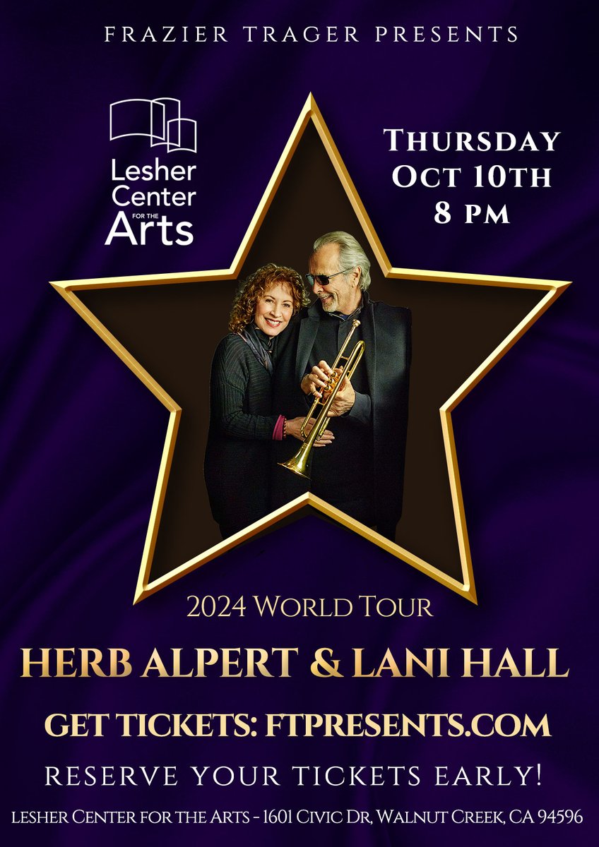 Herb Alpert (@herbalpert) on Twitter photo Herb Alpert and Lani Hall are coming to the <a href="/LesherCenter/">Lesher Center for the Arts</a> for the Arts on October 10th, get your tickets today!
🎟️ lesherartscenter.org/Home/Component… Herb Alpert and Lani Hall are coming to the <a href="/LesherCenter/">Lesher Center for the Arts</a> for the Arts on October 10th, get your tickets today!
🎟️ lesherartscenter.org/Home/Component…