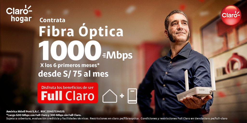 americatv_peru's tweet photo. ¡Sé el héroe de tu familia con #Clarohogar! 🏠📱 Cámbiate a la #FibraÓpticaClaro con 1000Mbps desde S/75 al mes. Y si tienes Claro en tu celu, disfruta los full beneficios de ser #FullClaro. ¡Hazlo aquí! https://t.co/3RHyZ7vWdw
#FiestasPatrias #Claro https://t.co/XETglyZ4u2