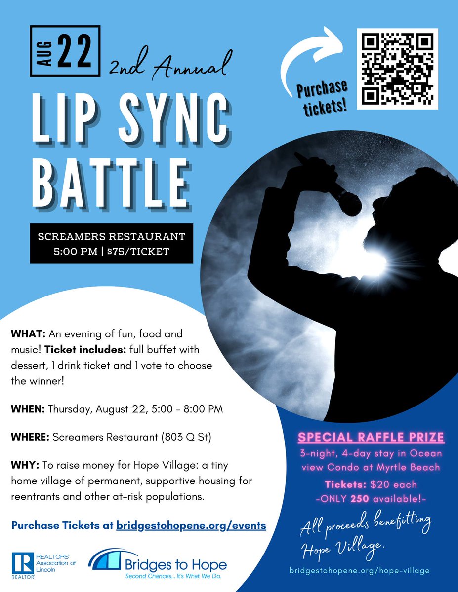 We are so excited to invite you to our 2nd Annual Lip Sync Battle! Presented by: Bridges to Hope and Realtors Association of Lincoln!

Want to win $1000 and become a STAR?! Sign up TODAY to participate in the Lip Sync Battle, OR purchase your ticket to attend on August 22nd!