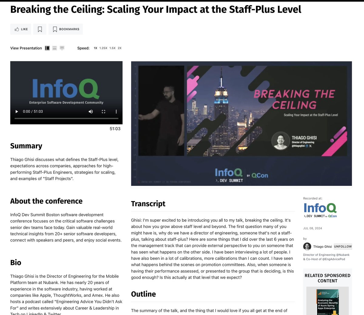 Alright, here it is! The recording of my talk "Breaking the Ceiling: Scaling Your Impact at the Staff-Plus Level" at #InfoQDevSummit Boston 2 weeks ago is now available at the <a href="/InfoQ/">InfoQ</a>  portal.

Would love to hear your feedback!

👇