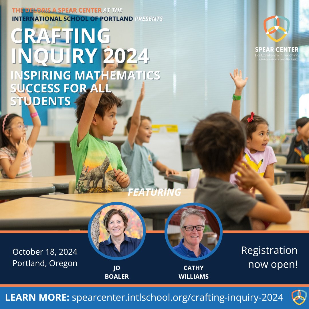 spearcenterpdx's tweet image. How can we ignite a love for mathematics in every elementary student? Join @joboaler and Cathy Williams, cofounders of @youcubed , for an inspiring event designed for those seeking to revolutionize their math classrooms. spearcenter.intlschool.org/crafting-inqui…
#craftinginquiry #conceptualmath