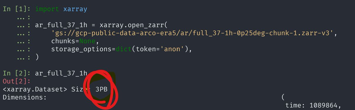 Two lines of code, five seconds waiting, and you have 5 PB of climate data ready to be used. What a time to be alive for data nerds. (This is analysis-read/cloud-optimised ERA5 data from Google Cloud Public Datasets).