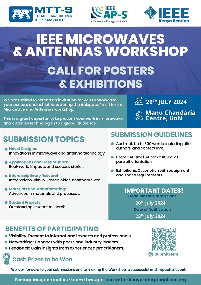 Criteria for submission is highlighted on the poster. Submission link - shorturl.at/ENmiv

For any questions or clarification, reach out to ieee-mtts-kenya-chapter@listserv.ieee.org