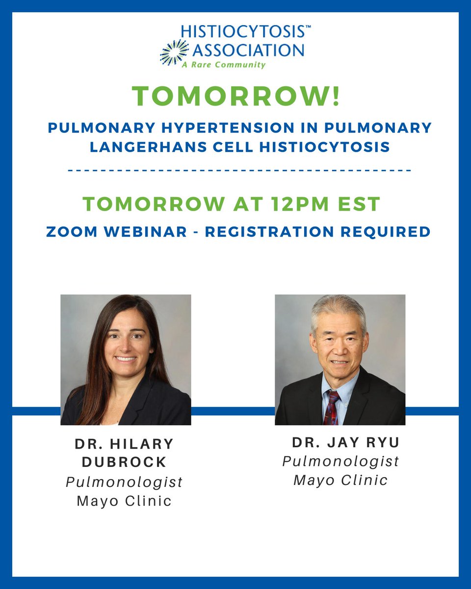 Histiocyte Society (@histiocytesoc) on Twitter photo <a href="/Histiocytosis/">Histiocytosis Assoc</a> is hosting a webinar tomorrow on the overlap and shared causes of PLCH and Pulmonary Hypertension? Join Dr. Hillary DuBrock and Dr. Jay Ryu from Mayo Clinic. The webinar is free, but registration is required: us02web.zoom.us/.../reg.../WN_… <a href="/Histiocytosis/">Histiocytosis Assoc</a> is hosting a webinar tomorrow on the overlap and shared causes of PLCH and Pulmonary Hypertension? Join Dr. Hillary DuBrock and Dr. Jay Ryu from Mayo Clinic. The webinar is free, but registration is required: us02web.zoom.us/.../reg.../WN_…