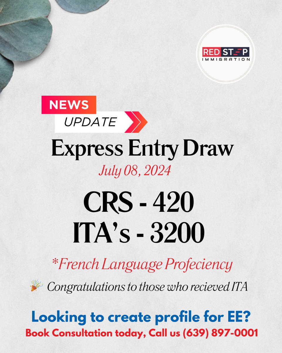 _Redstep's tweet image. IRCC has issued 3,200 ITAs in their latest Express Entry draw! Candidates with French language proficiency and a minimum CRS score of 420 were invited.

#redstepimmigration #ImmigrationUpdates