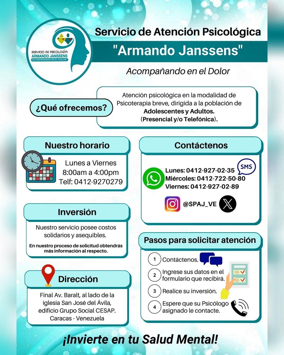 El Servicio de Psicología Armando Janssens de <a href="/psfvenezuela/">Psic. Sin Fronteras Venezuela</a> anunciamos el inicio de nuestras actividades #9enero2023

Si usted requiere atención psicológica, no dude en contactarnos. ¡Nosotros podemos orientarle!.

#caracas #Venezuela #atencionpsicologica #Psicologia #psicologo