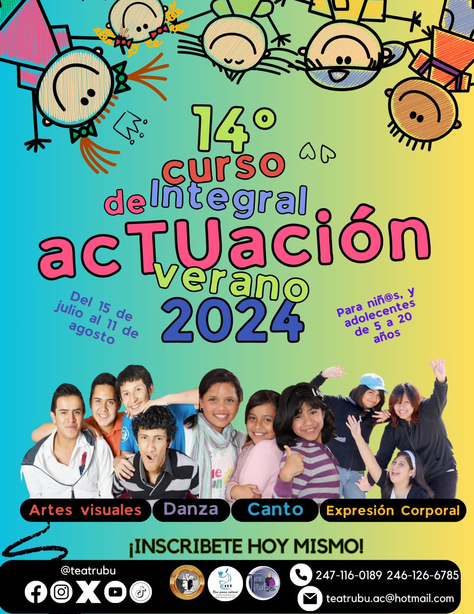 ¡Conoce más sobre el 14° curso integral de verano 2024
#Teatrubu espera con mucha felicidad a los niños y jóvenes
Del 15 de julio al 11 de agosto.
De 5 a 20 años
Contáctanos al 246 126 6785 ó al 247 116 0189
¡NO FALTES!
#CursoDeVerano #verano2024 #actuacion #teatro #Tlaxcala