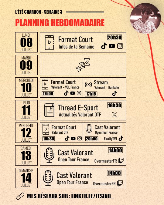 ItsIno_'s tweet photo. 📢 Nouvelle semaine et nouveau planning !

Rythmée par le #VALOTF, on aura des Tiktoks et Thread et plus de 15h de Cast sur le week-end ! 🎙️

▫️ Chez @Exalty_FR vendredi pour le 1er round des Play-Offs de l'OTF
▫️ Chez @Overmaster2 samedi et dimanche pour la suite du tournoi https://t.co/XVyV3WHfdh