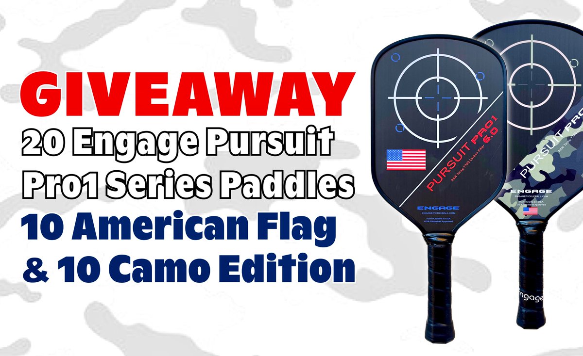 PATRIOTIC PADDLE GIVEAWAY —  We are excited to partner with Engage to give away the 20 Pursuit Pro1 limited-edition AMERICAN FLAG and CAMO Paddles! 🇺🇸

- FOLLOW STEPS 1-4 BELOW TO ENTER -
1. FOLLOW 👊
<a href="/TheKitchenPB/">The Kitchen Pickleball 👨🏻‍🍳</a>
<a href="/engagepicklebal/">EngagePickleball</a>
2. TAG your pickleball friends in the comments