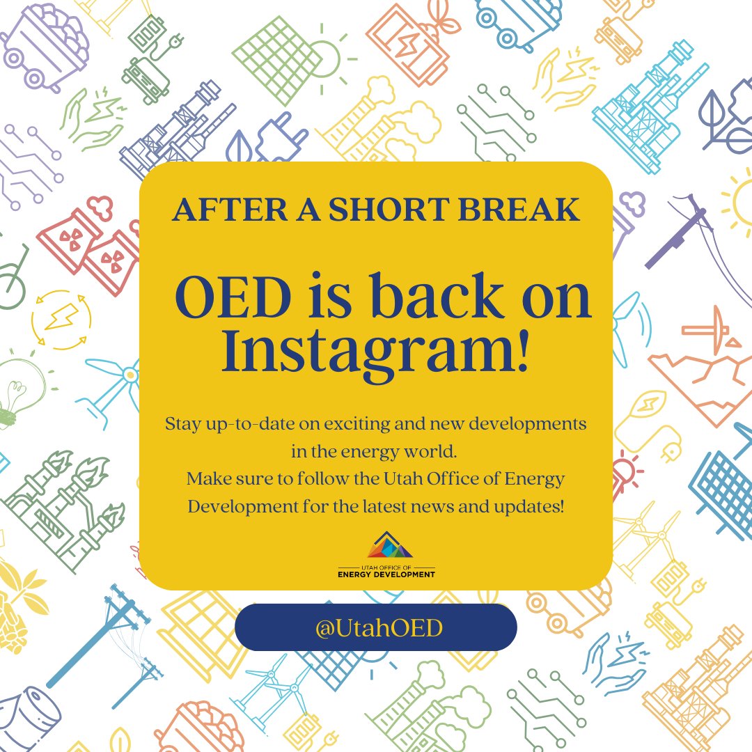 UtahOED's tweet image. 📢 We're Back on Instagram! 📢
Make sure to follow the Utah Office of Energy Development for the latest news and updates in the energy world!
🔋🌍⚡🛢️☀️🍃🔌🏔️💡🛠️⚒️
#UtahOED #Alloftheabove #EnergyUpdates #FollowUs #officeofenergydevelopment #energy #energydevelopment
