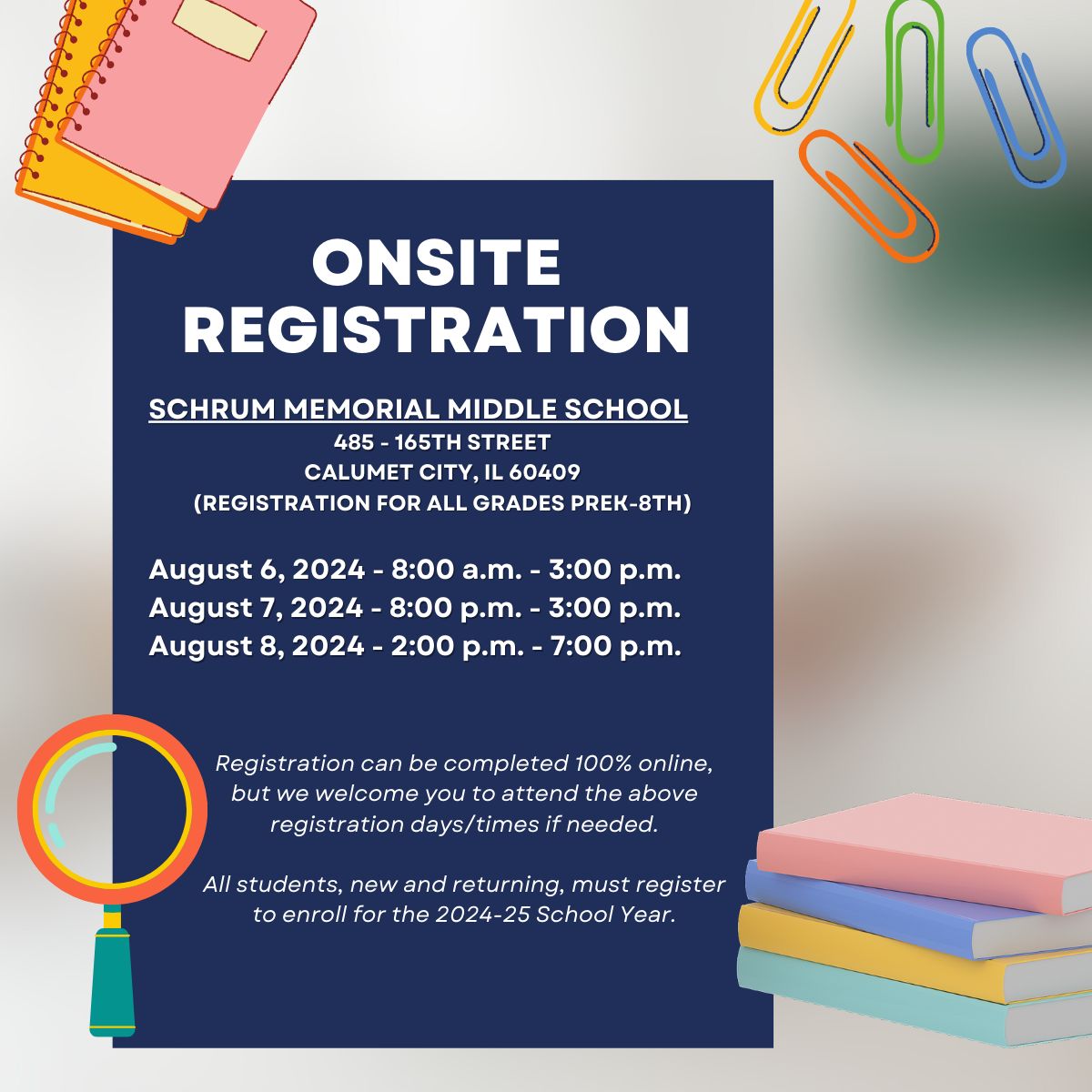 SchrumSpartans's tweet photo. Mark your calendars for school registration! 
August 6 (8am - 3pm), August 7 (8am - 3pm) and August 8 (2pm - 7pm)

Online registration is open NOW for new and returning students! 
https://t.co/YbV7kVZP8e https://t.co/KNd5F5UZY1