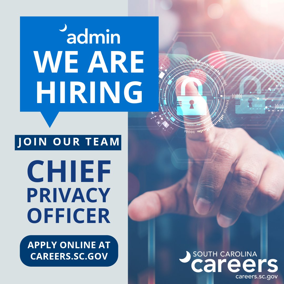 CareersSCGov's tweet photo. Join the @sc_deptofadmn as its new Chief Privacy Officer. Now's your chance to influence decisions, develop standards and shape privacy practices across all agencies. Ready to leave your mark? Apply now: https://t.co/Tfmi7W3ylY https://t.co/PJKCUgqkDq