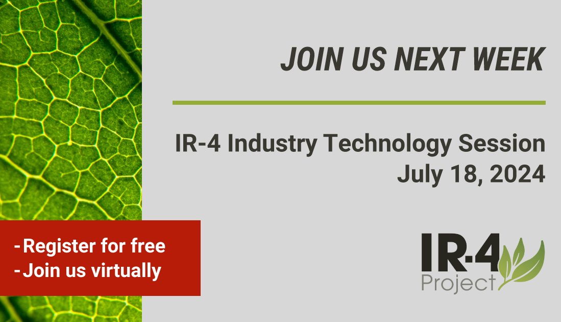 IR4_Project's tweet photo. We have posted a tentative agenda to the Industry Technology Session web page. Check it out to learn about what's in store next Thursday - there's still time to register (for free) for this virtual event!
https://t.co/AMOkfQkc9V

#specialtycrops #pestmanagement #ir4project https://t.co/YcrscFoQA9