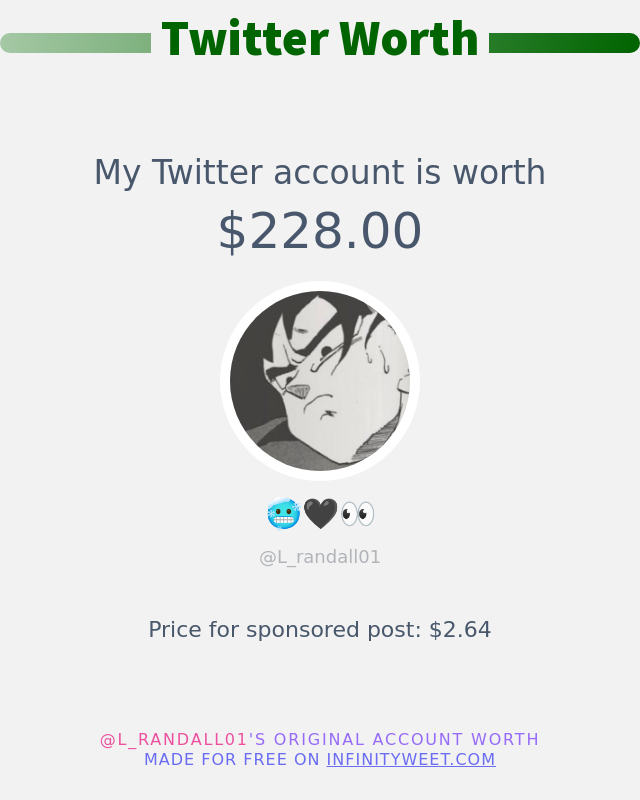 L_randall01's tweet photo. My Twitter worth is: $228.00

➡️ https://t.co/4Gm41zQQr2 https://t.co/sRvKBw8wyP