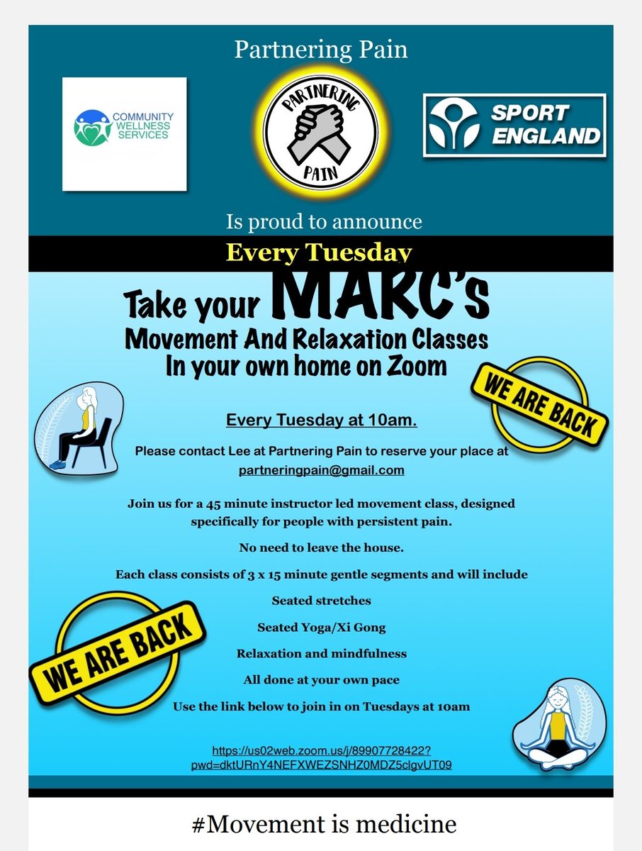 Our Online Movement Class starts at 10am tomorrow with our instructor Amber.
Fully funded by <a href="/Sport_England/">Sport England</a> so it's FREE to access in your own home. Here's the link
us02web.zoom.us/j/89907728422?…

<a href="/soarcommunity/">SOAR 🍊</a>
<a href="/RethinkingPain/">Rethinking Pain</a> <a href="/FestivalPain/">Footsteps Festival</a> <a href="/FlippinPain/">Flippin’ Pain</a> <a href="/PainConcern/">Pain Concern</a> <a href="/Living_ProofUK/">Living Proof</a>