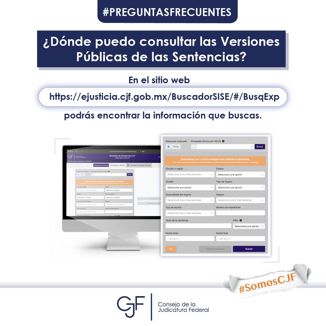 #PreguntasFrecuentes | Si quieres consultar Versiones Públicas de las #Sentencias puedes entrar a 👇

🔗 ejusticia.cjf.gob.mx/BuscadorSISE/#…