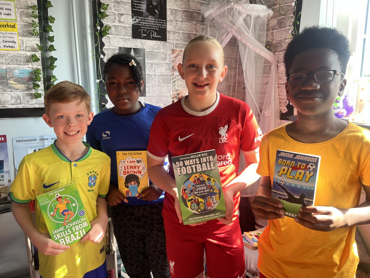 These footie mad children were thrilled to receive books from <a href="/DanFreedman99/">Dan Freedman</a> !  Thank you so much for your kindness. The girls had just won the Coventry Catholic Cup too!   <a href="/Suey2chaussures/">Sue O'Malley</a>