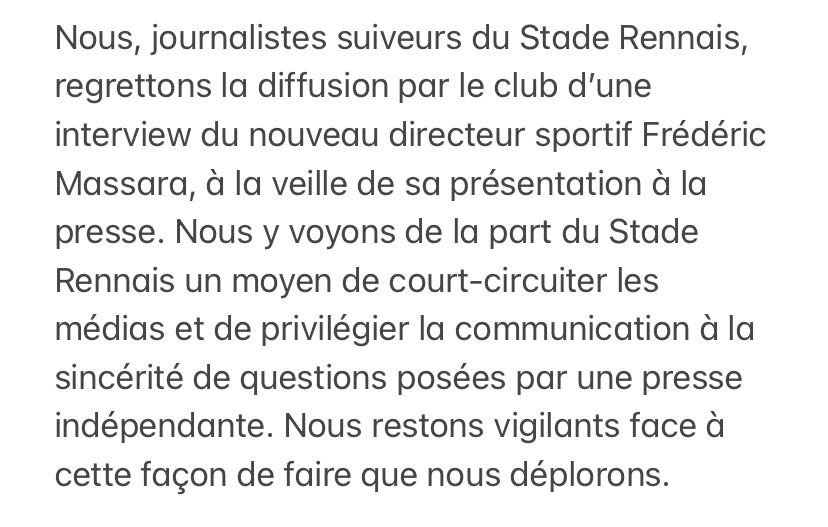 Réaction collective de journalistes suiveurs du <a href="/staderennais/">Stade Rennais F.C.</a> à la publication de l’interview de Massara sur le site du club. #SRFC