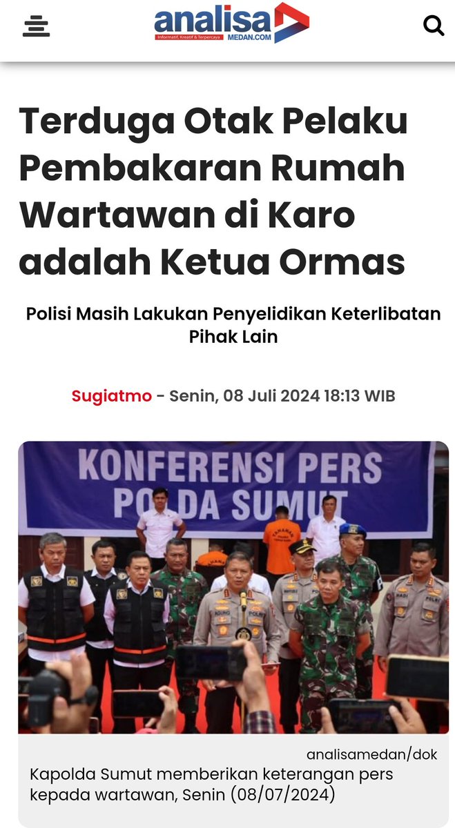 P3gEl's tweet image. Polda Sumatera Utara dan Tim Penyidik Polres Tanah Karo berhasil mengamankan empat pria diduga pelaku pembakaran rumah wartawan di Tanah Karo. Salah seorang diantaranya adalah ketua salah satu organisasi kemasyarakan (Ormas) di Tanah Karo.

Yakin hanya ketua ormas?sepertinya…