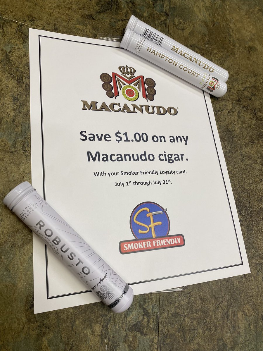 SmokerFriendlys's tweet photo. ✨SALE✨ Are you or a buddy a Macanudo lover? Stop by Smoker Friendly today and save $1 on any Macanudo cigar using your Smoker Friendly loyalty card! #cigarsale #smokeshop #macanudo #cigars https://t.co/tGVKS6rtrU