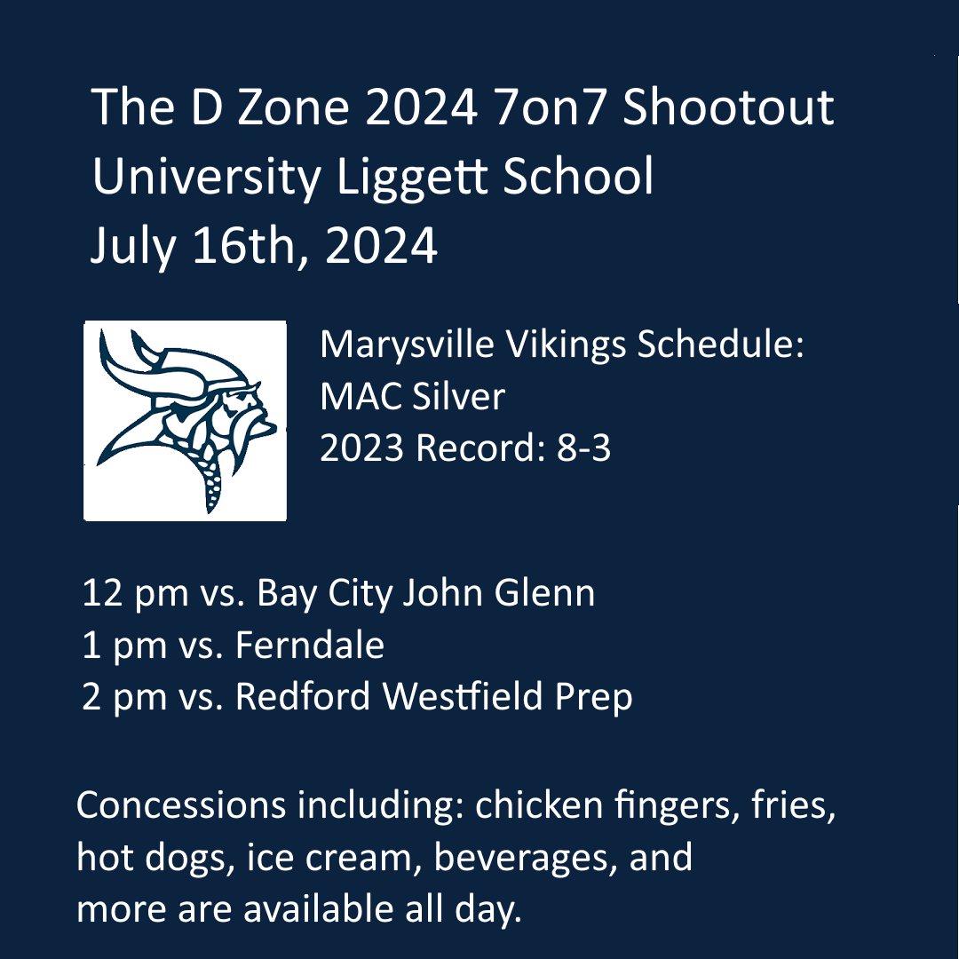TheD_Zone's tweet photo. Marysville's Schedule at The D Zone 2024 7on7 Shootout: https://t.co/iVBD6t6JLJ