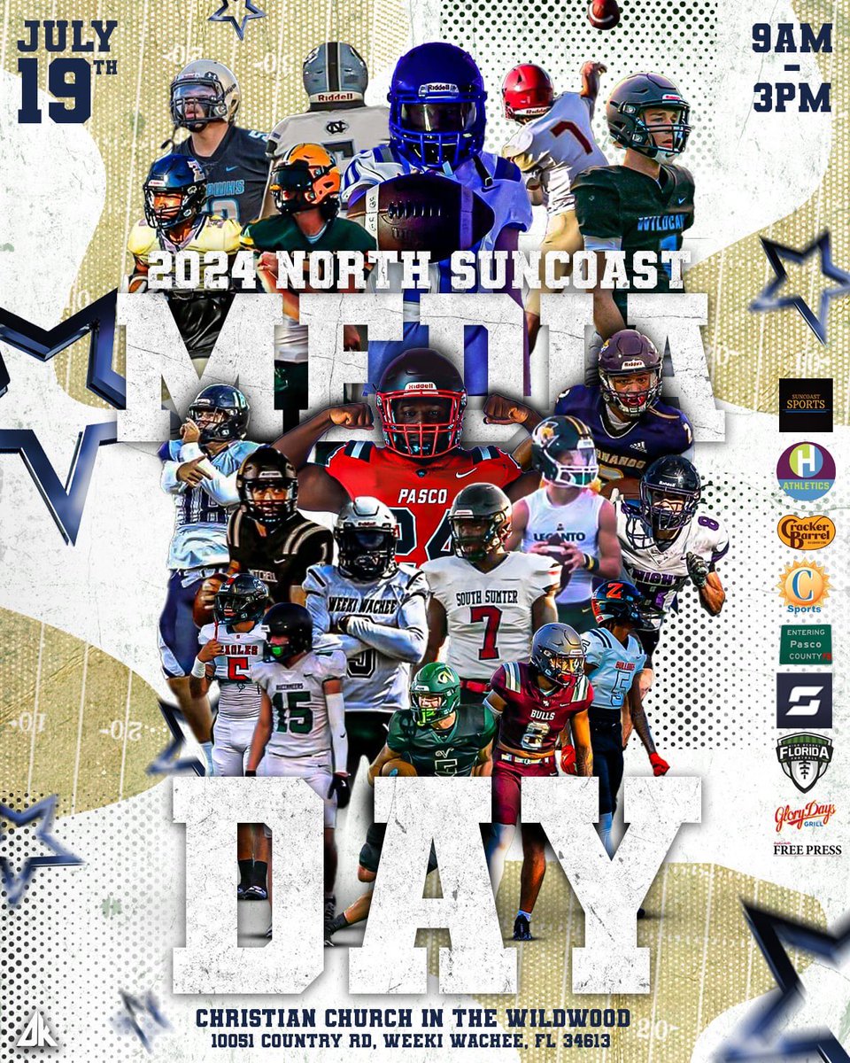 Andy Villamarzo (@andy_villamarzo) on Twitter photo 🎙️: North Suncoast Media Day 2024
🗓️: July 19th
⏰: 9am-3pm
🏢: Christian Church in the Wildwood 10051 Country Rd Spring Hill, FL 34613
<a href="/PascoCountyFB/">PascoCountyFB</a> @HernandoCtyFB <a href="/FlaHSFootball/">FloridaHSFootball.com</a> <a href="/CenFLAPreps/">Central Florida Preps</a> <a href="/BigCountyPreps1/">BCP SPORTS</a> <a href="/HernandoCo_Ath/">Hernando School District Athletics</a> <a href="/GCSNBroadcasts/">GulfCoastSportsNetwork</a> <a href="/SBLiveFL/">Florida High School On SI</a> <a href="/AncloteFB/">Anclote Sharks Football</a> 🎙️: North Suncoast Media Day 2024
🗓️: July 19th
⏰: 9am-3pm
🏢: Christian Church in the Wildwood 10051 Country Rd Spring Hill, FL 34613
<a href="/PascoCountyFB/">PascoCountyFB</a> @HernandoCtyFB <a href="/FlaHSFootball/">FloridaHSFootball.com</a> <a href="/CenFLAPreps/">Central Florida Preps</a> <a href="/BigCountyPreps1/">BCP SPORTS</a> <a href="/HernandoCo_Ath/">Hernando School District Athletics</a> <a href="/GCSNBroadcasts/">GulfCoastSportsNetwork</a> <a href="/SBLiveFL/">Florida High School On SI</a> <a href="/AncloteFB/">Anclote Sharks Football</a>