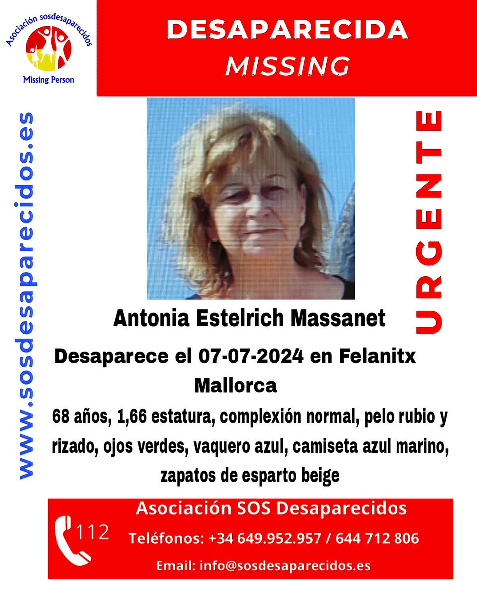 sosdesaparecido's tweet photo. 🆘 DESAPARECIDA
🟠 Alta vulnerabilidad 
#sosdesaparecidos #Desaparecido #Missing #España #Felanitx #Mallorca
Fuente: sosdesaparecidos
Síguenos @sosdesaparecido https://t.co/1MjbTusSom