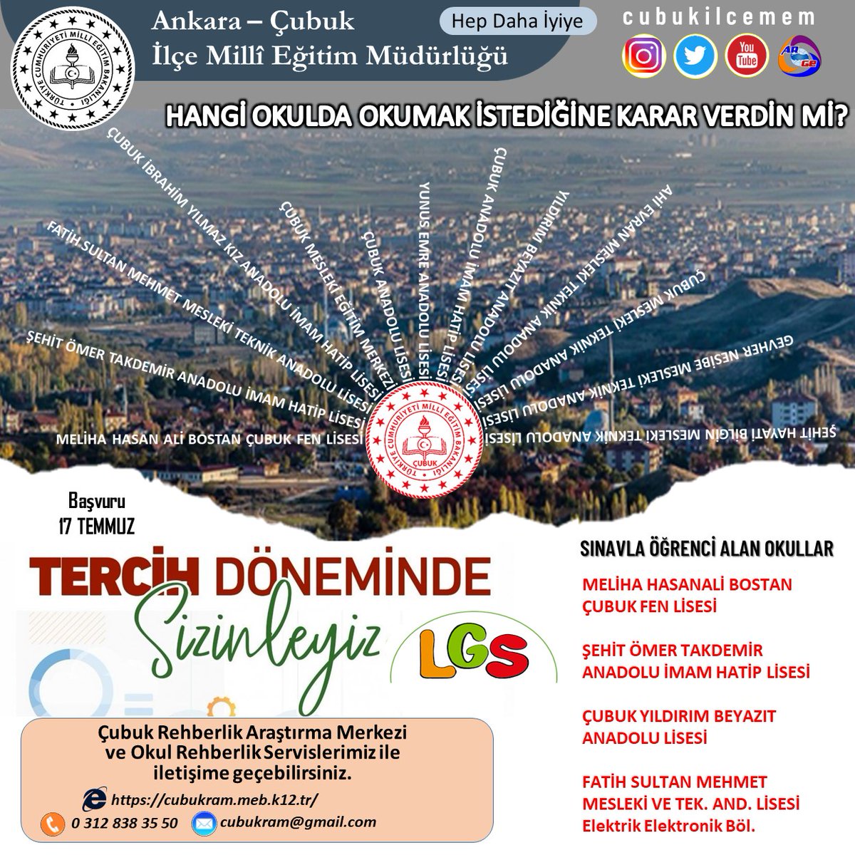 LGS tercih süreci devam ediyor. Kıymetli velilerimizi ve tercih yapacak sevgili öğrencilerimizi ilçemizde eğitim veren okullarımızı tanımaya, ziyaret edip bizzat yerinde görmeye ve ondan sonra tercihlerini yapmaya davet ediyoruz.

Sevgili öğrenciler;
Her şey gönlünüzce olsun!