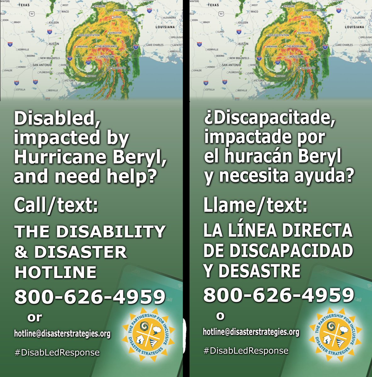 disasterstrat's tweet photo. Disabled impacted by #Beryl need help? Discapacitade impactade por Beryl y necesita ayuda?

Call/text (llame) Disability &amp; Disaster Hotline 800-626-4959 or hotline@disasterstrategies.org

#Beryl #HurricaneBeryl #Disability #Disabled #Discapacidad #DisabilityTwitter https://t.co/iygJ9xAOCS