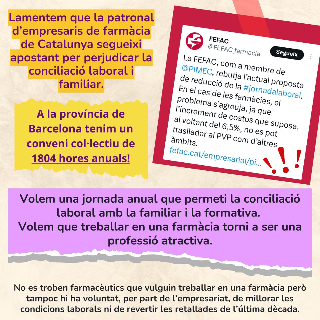 afascat's tweet photo. Des d'AFASCAT lamentem que a Catalunya la patronal d'empresaris de farmàcia @FEFAC_farmacia  (@PIMEC ) segueixi apostant per perjudicar la conciliació laboral i familiar dels treballadors de les farmàcies. (1/5) https://t.co/BR6copPrvY