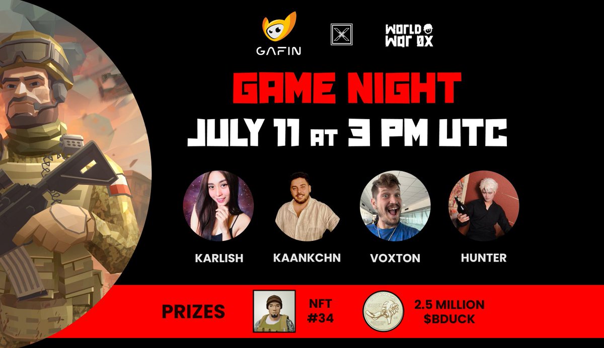 World War 0x โ Solana's $WW3 FPS (@worldwar0x) on Twitter photo GAFIN x World War 0x Game Night ๐ฅณ
Join us Thursday July 11 at 3 PM UTC for a Soldier #NFT & 2.5 million $BDUCK prize game night with <a href="/Gafin_io/">GaFin</a> <a href="/karlishgg/">โจ Karlish โจ</a> <a href="/VoxtonLive/">Voxton</a> <a href="/Kaankchn/">YouJiin</a> ๐
๐๏ธ July 11
โฐ 3 PM UTC
๐ 1 Soldier NFT #34, 2.5M $BBDUCK <a href="/bducksol/">Boomer Duck $BDUCK</a>
#Memecoins #P2E #FPS GAFIN x World War 0x Game Night ๐ฅณ
Join us Thursday July 11 at 3 PM UTC for a Soldier #NFT & 2.5 million $BDUCK prize game night with <a href="/Gafin_io/">GaFin</a> <a href="/karlishgg/">โจ Karlish โจ</a> <a href="/VoxtonLive/">Voxton</a> <a href="/Kaankchn/">YouJiin</a> ๐
๐๏ธ July 11
โฐ 3 PM UTC
๐ 1 Soldier NFT #34, 2.5M $BBDUCK <a href="/bducksol/">Boomer Duck $BDUCK</a>
#Memecoins #P2E #FPS