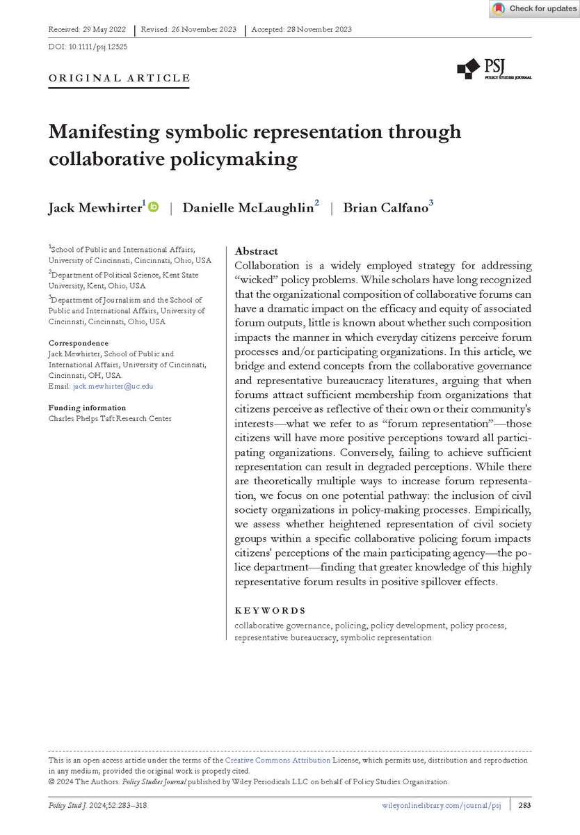How to improve citizens’ perception of the police? Recent <a href="/PSJ_Editor/">PSJ (@psjeditor.bsky.social)</a> article by Mewhirter, <a href="/metmac29/">Dani McLaughlin</a> &amp; <a href="/BCalfano/">Brian Calfano</a> on Cincinnati shows that involving civil society groups in policy making correlates with positive perceptions of the local police. More here: onlinelibrary.wiley.com/doi/10.1111/ps…