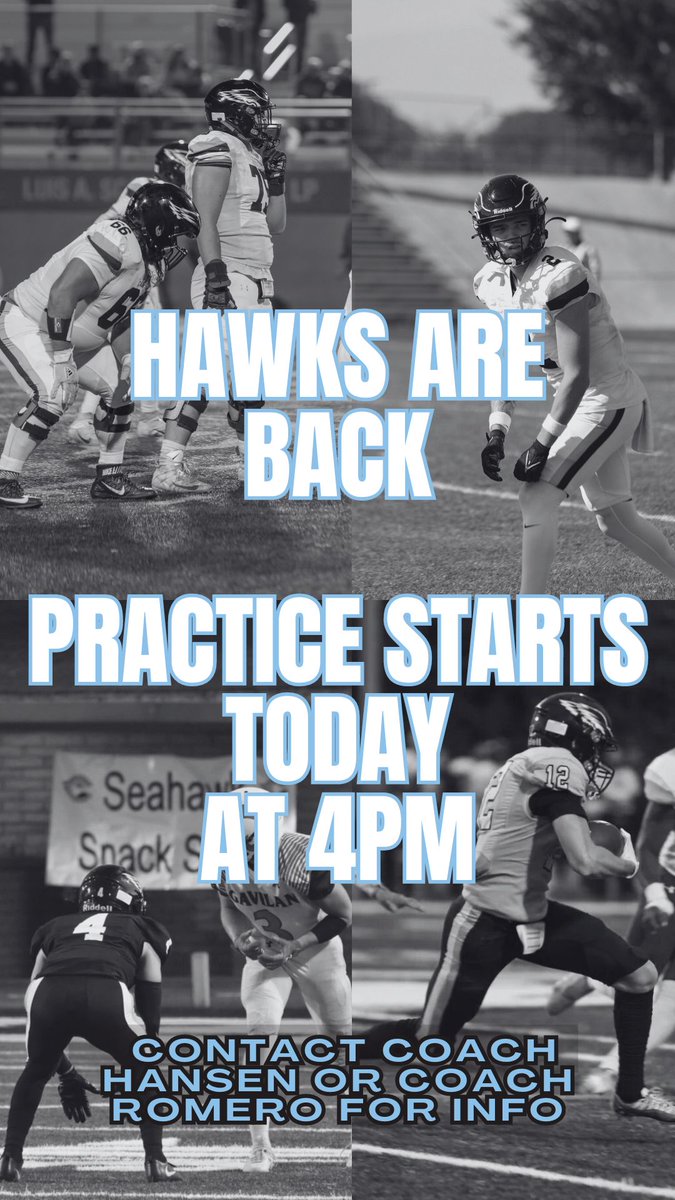 CabrilloFB_'s tweet photo. THE HAWKS ARE BACK!!
Practice starts today at 4. 
Contact Coach Hansen or Coach Romero for more information. You need to be signed up for a section of ATH-10 in order to practice. LETS WORK!! https://t.co/tfyV9x2ryB