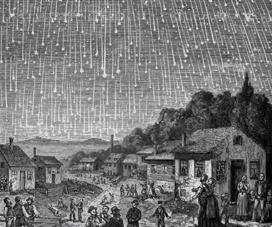 unscripteddose's tweet image. On November 12, 1833 occurred a meteor shower where you could see up to 100,000 meteors in the sky every hour. This event inspired Adolf Vollmy to created a woodcut.