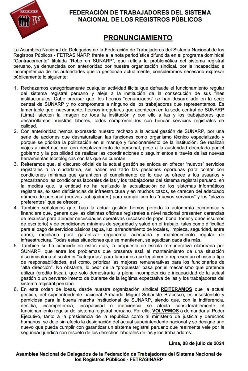 fetrasinarp's tweet photo. Ante la profunda crisis institucional demandamos al Poder Ejecutivo, a la Presidenta de la República, a la Presidencia del Consejo de Ministros y al Ministro de Justicia y Derechos Humanos se deje sin efecto la designación del Superintendente Nacional de los Registros Públicos. https://t.co/wfYLb0jyrq