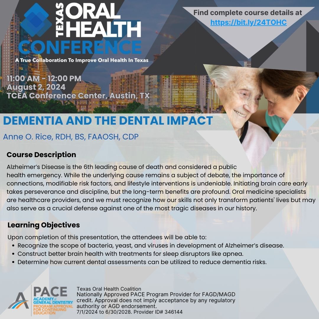 TOHConference's tweet photo. Please join us for the #2024TOHConference on August 2nd, at 11:00 AM for Dementia and the Dental Impact.

For registration and complete course details, please visit   https://t.co/R6TiUwbvCK. https://t.co/9e2uaN7RO1