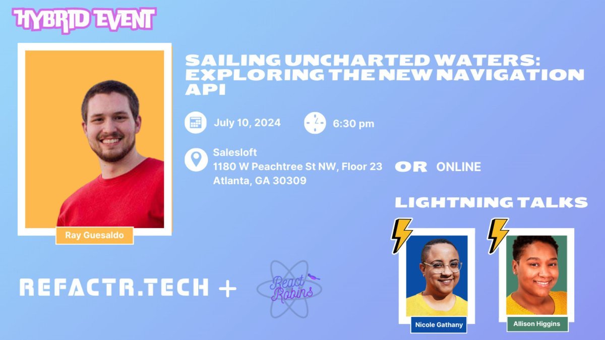 We're having our first HYBRID event in ATL with @RefactrtTech. Come network and learn about OOP, Interviewing Tips &amp; Navigation API
⏰  6:30 pm ET
📅  Wed, July 10th
📍  <a href="/salesloft/">Salesloft</a> offices + zoom

Register + More Details Here: buff.ly/3zjsyyV