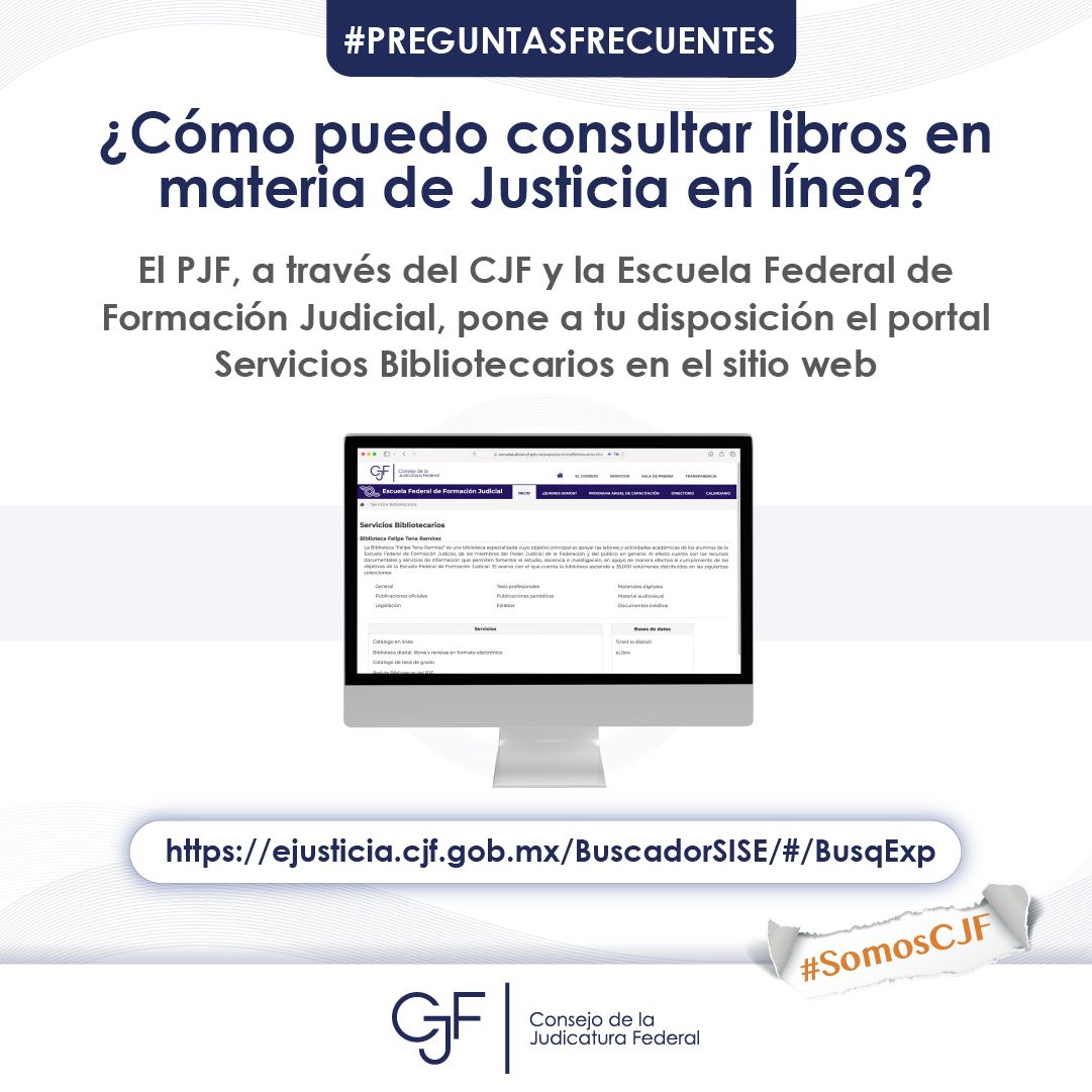 #PreguntasFrecuentes | ¿Se puede consultar libros en materia de #Justicia en línea? 🤔

📌 Consulta la bibliografía entrando a 👇

🔗 ejusticia.cjf.gob.mx/BuscadorSISE/#…