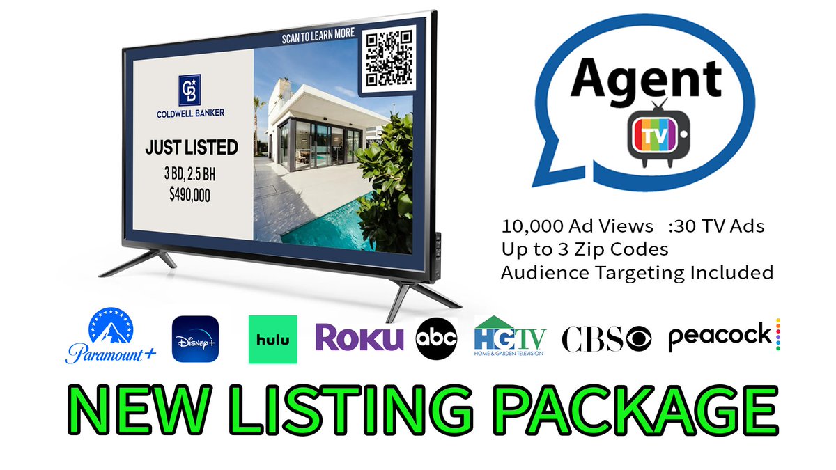 AAgentTV's tweet photo. The New TV Listing Package from Agent TV offers realtors a $100 Discount on their first TV ad.  Get 10,000 impressions on some of your favorite TV channels, targeted at home buyers. Offer this marketing incentive to gain dozens of new home listings. https://t.co/bLWIVTDuQl