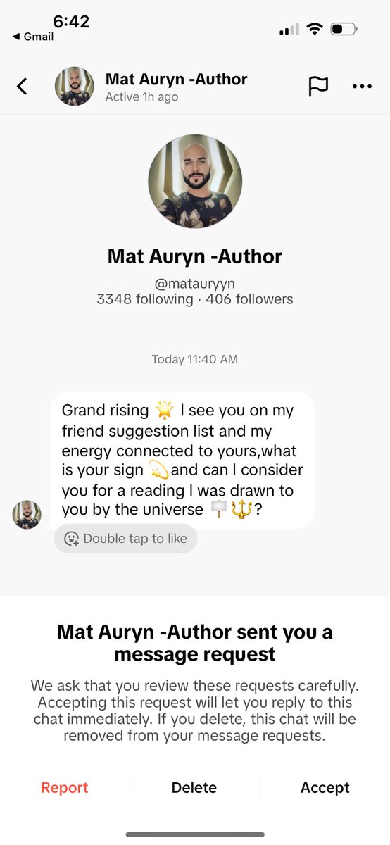 raberndt's tweet photo. @MatAuryn There’s a TikTok account purporting to be you. Got a weird DM today that seemed very spammy: https://t.co/c8ZPBJTQcj