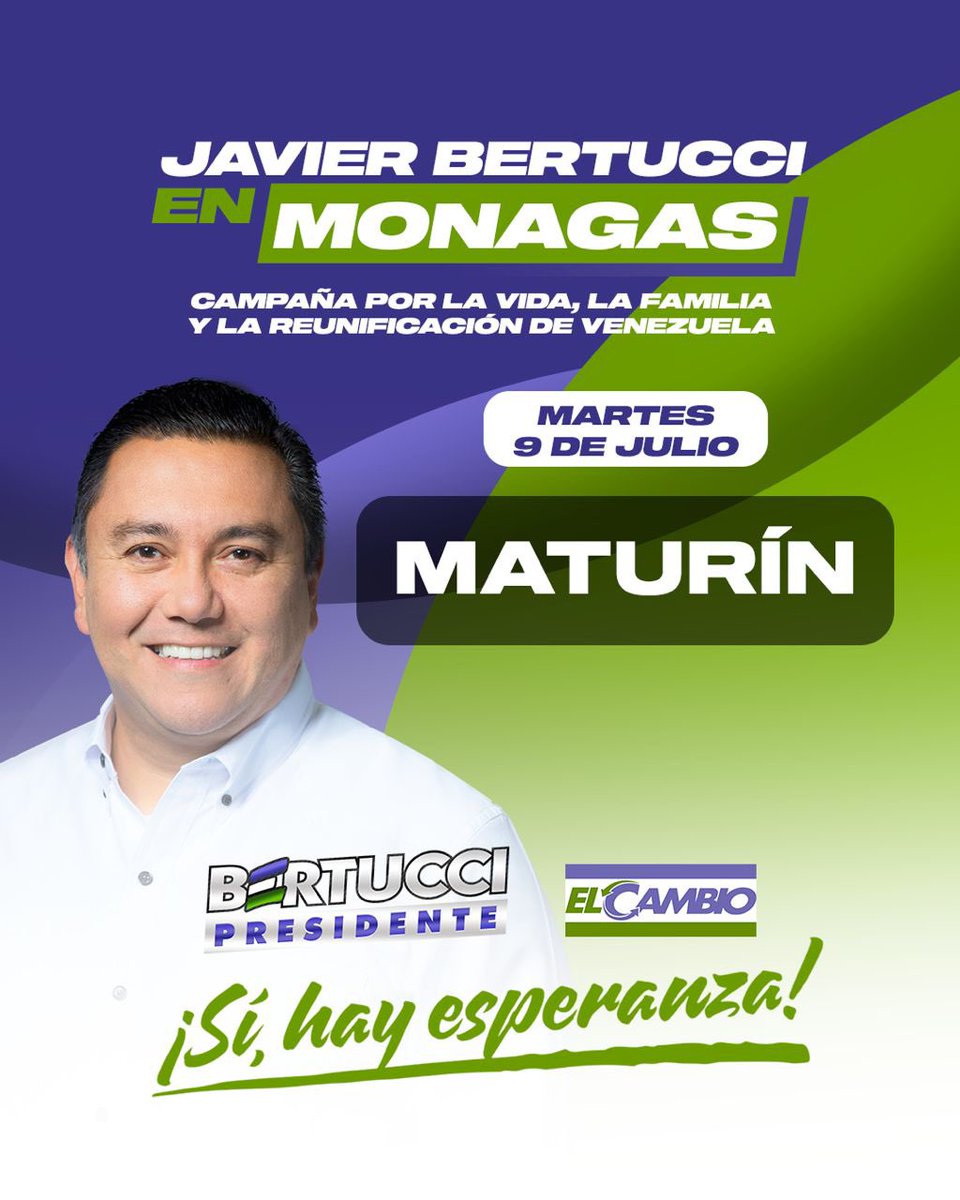 ElCambioVE's tweet photo. Esta es una semana de esperanza…

Nuestro candidato Javier Bertucci, está recorriendo el país, proclamando que: ¡Vienen días mejores!

•Martes 9 de julio: Maturín
•Miércoles 10 de julio: Cumanacoa
•Jueves 11 de julio: Cumaná
•Viernes 12 de julio: Valle de la Pascua

Por la vida, por la familia, por nuestros principios y valores, ¡El Cambio está aquí!

¡Sí, hay esperanza!