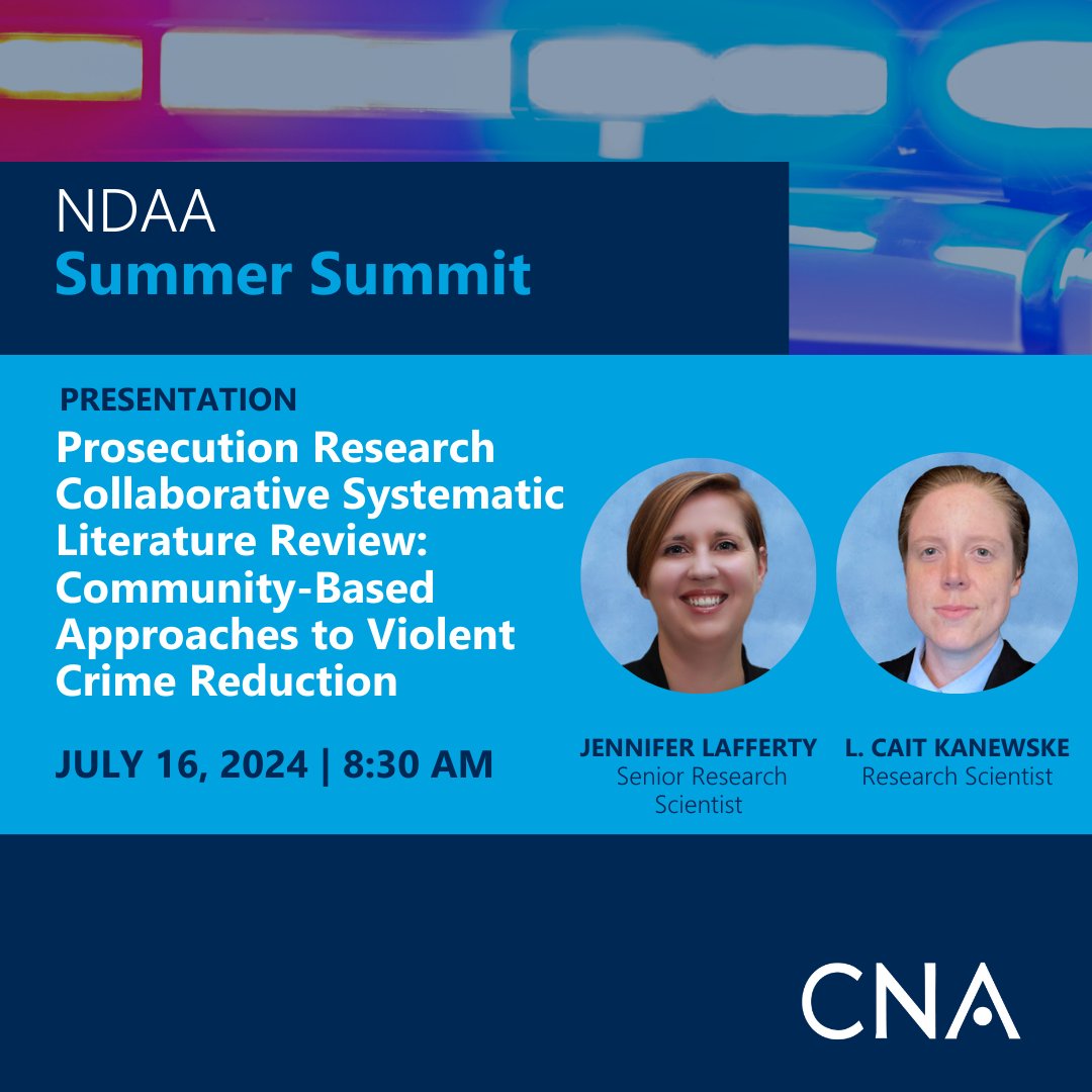 CNA_org's tweet image. Are you attending the National District Attorneys Association Summer Summit? Don’t miss this presentation by Jennifer Lafferty and L. Cait Kanewske on #CommunityBased approaches to addressing violent crime. #districtattorneys #justice #justicereform 
@ndaajustice