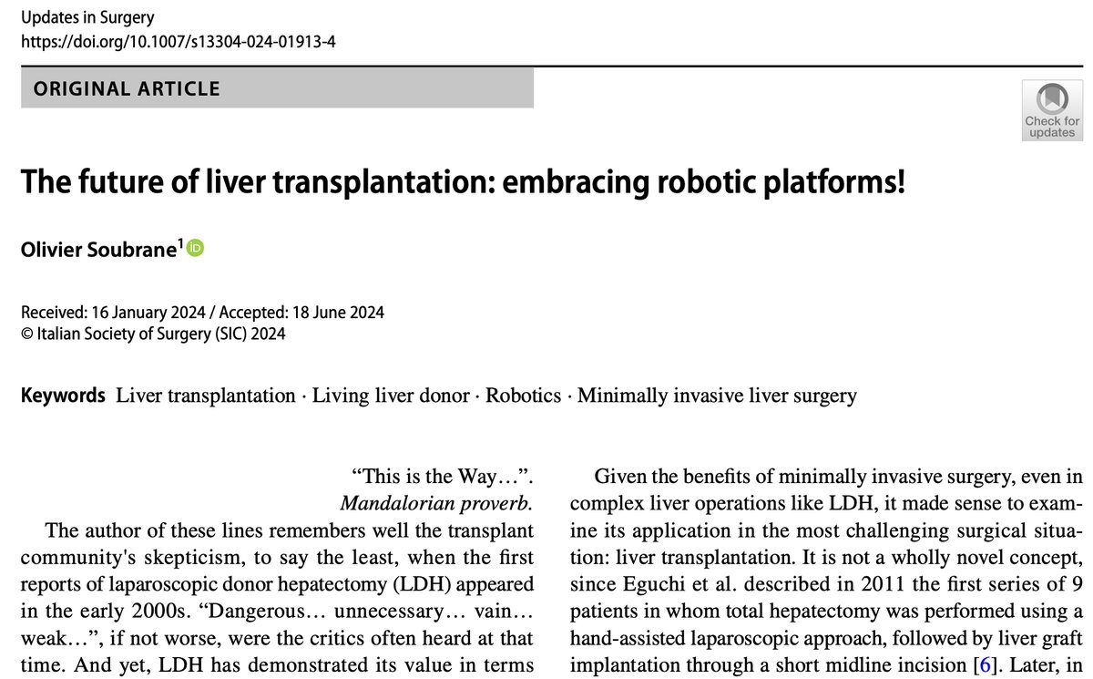 Robotic liver transplantation is emerging... rdcu.be/dMY6A
What do you think?
#Broering #Raptis #PintoMarques #Khan #DiBenedetto #Suh #Rela