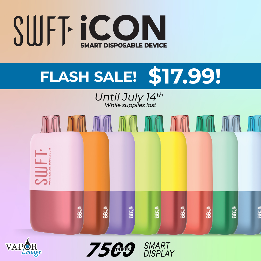 Score a deal on the legendary SWFT Icon disposable. With consistent flavors, 17ml of liquid and an all day battery, the SWFT Icon delivers the purest vaping experience among disposables. Now until July 14th or while supplies last. Get yours today at a Vapor Lounge near you!
